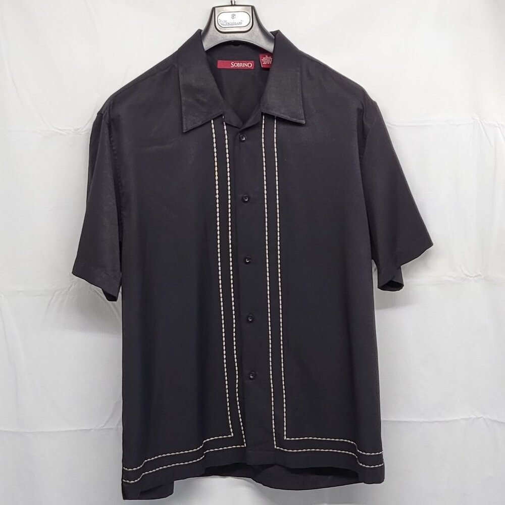 Sobrino Mens Shirt XL  Button Up Short Sleeve Black Embroidered Guayabera Style